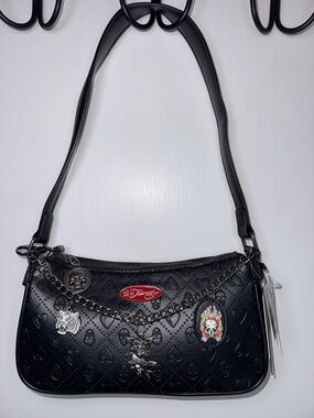 NWT Ed Hardy Black Shoulder Bag with Charm Chain and Red Logo